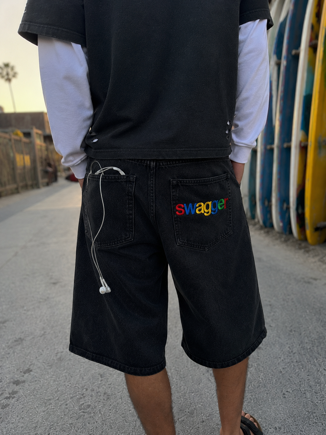Embroidered Washed Black Denim Jorts